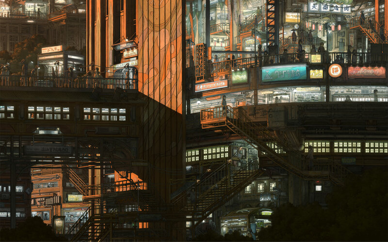 Futuristic Cityscape — Orange, Dramatic, Night, Digital Art, Buildings, Stairs