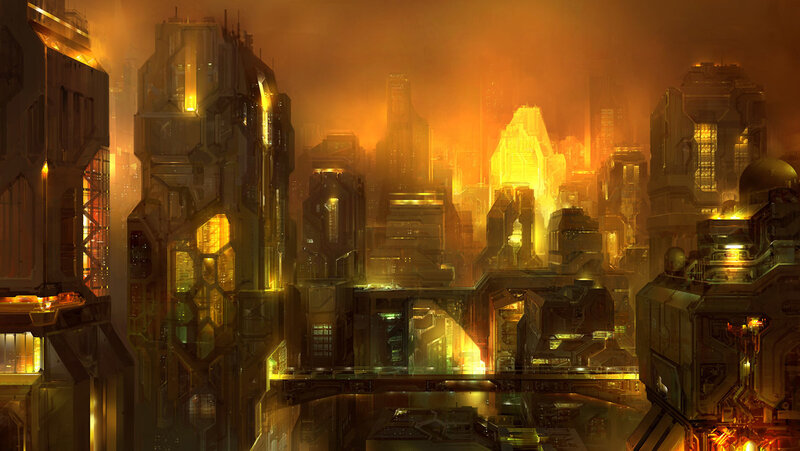 Futuristic Cityscape — Orange, Dramatic, Night, Digital Art, Skyscrapers, Neon Lights