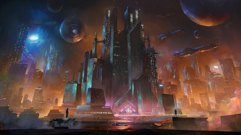 Futuristic Cityscape — Orange, Dramatic, Night, Digital Art, Skyscrapers, Spaceships, Planets