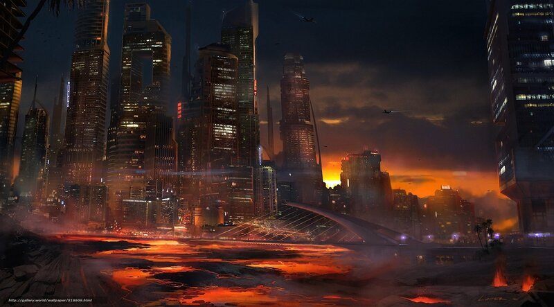Futuristic Cityscape — Orange, Dramatic, Night, Digital Art, Skyscrapers