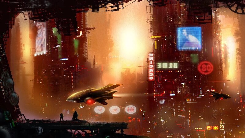 Futuristic Cityscape — Orange, Dramatic, Night, Digital Art, Spaceships, Billboards