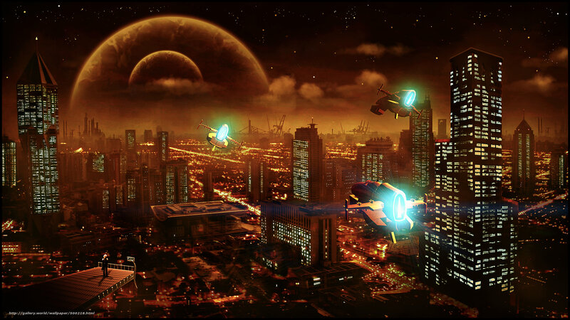 Futuristic Cityscape — Orange, Dramatic, Night, Digital Art, Spaceships, Planets