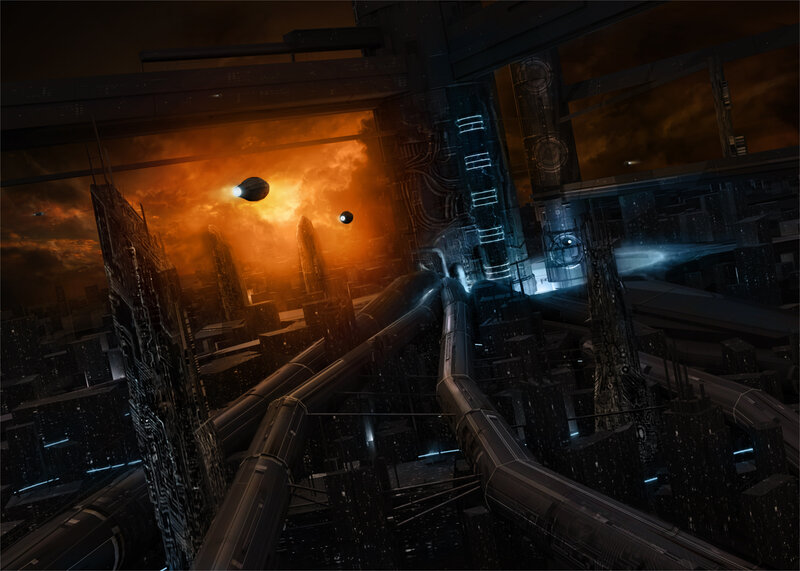 Futuristic Cityscape — Orange, Dramatic, Night, Digital Art, Spaceships, Skyscrapers