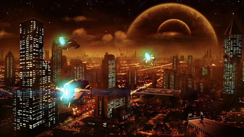 Futuristic Cityscape — Orange, Dramatic, Night, Digital Art, Spaceships