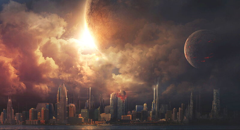Futuristic Cityscape — Orange, Dramatic, Night, Digital Art