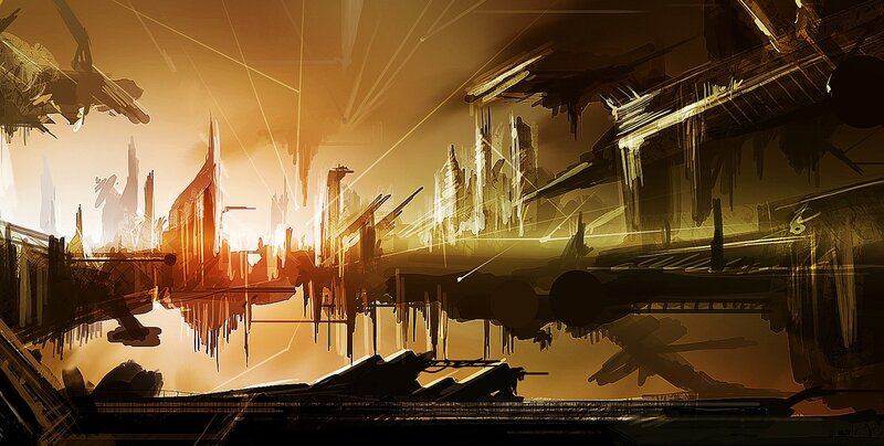 Futuristic Cityscape — Orange, Dramatic, Sunrise, Digital Art, Skyscrapers
