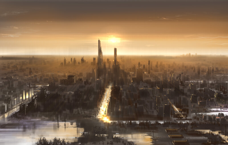 Futuristic Cityscape — Orange, Dramatic, Sunrise