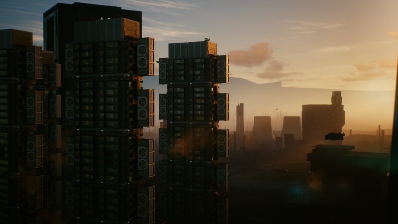 Futuristic Cityscape — Orange, Dramatic, Sunset, 3d Render, Skyscrapers, Aircraft