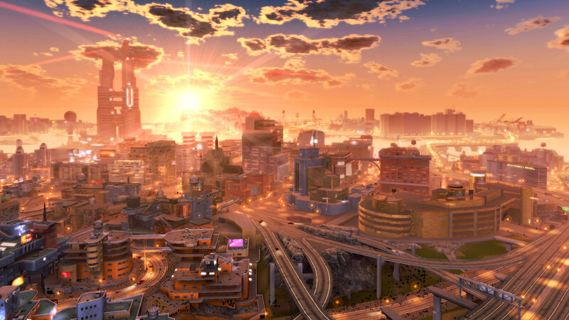 Futuristic Cityscape — Orange, Dramatic, Sunset, 3d Render, Skyscrapers