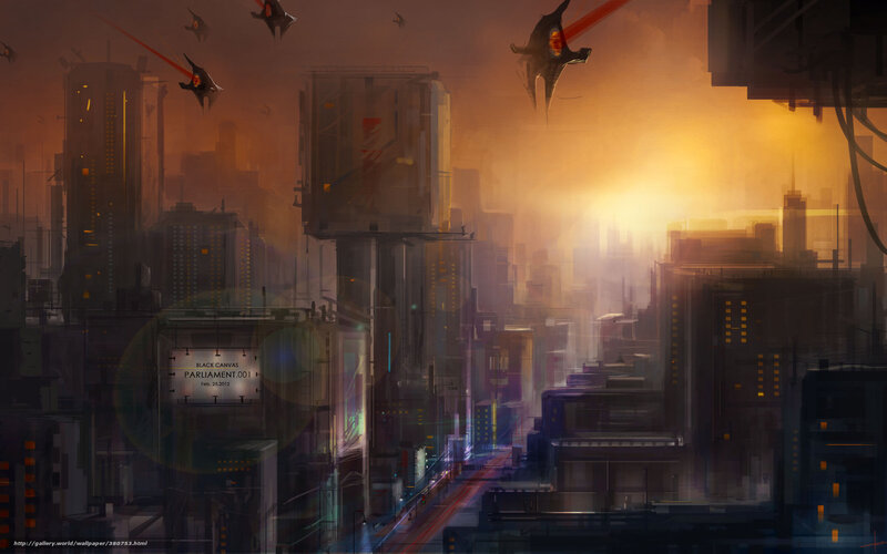 Futuristic Cityscape — Orange, Dramatic, Sunset, Digital Art, Aircraft, Billboard