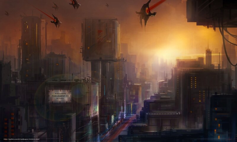 Futuristic Cityscape — Orange, Dramatic, Sunset, Digital Art, Aircraft
