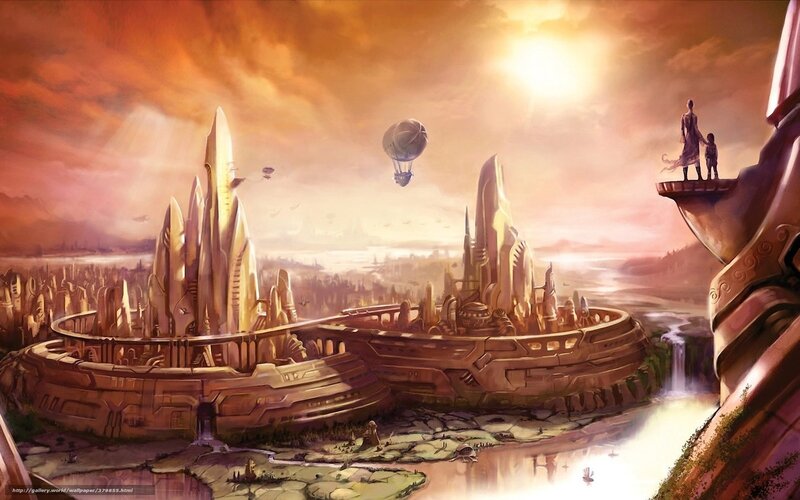 Futuristic Cityscape — Orange, Dramatic, Sunset, Digital Art, Airship, Balloon