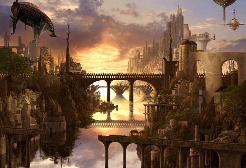Futuristic Cityscape — Orange, Dramatic, Sunset, Digital Art, Bridge, Airship, River