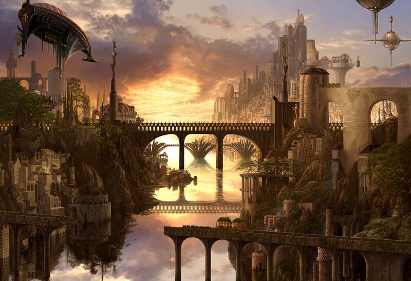Futuristic Cityscape — Orange, Dramatic, Sunset, Digital Art, Bridge, Airship