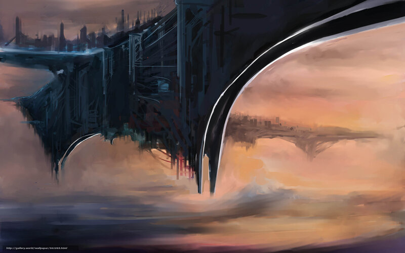 Futuristic Cityscape — Orange, Dramatic, Sunset, Digital Art, Bridge, Skyscraper