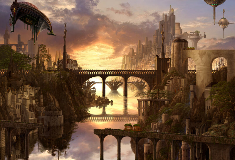 Futuristic Cityscape — Orange, Dramatic, Sunset, Digital Art, Bridge