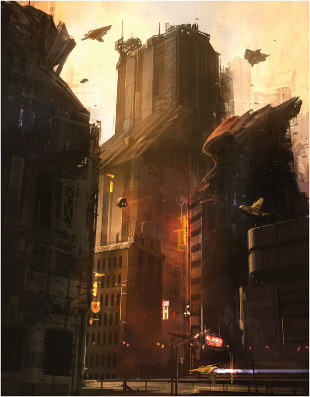 Futuristic Cityscape — Orange, Dramatic, Sunset, Digital Art, Buildings, Aircraft
