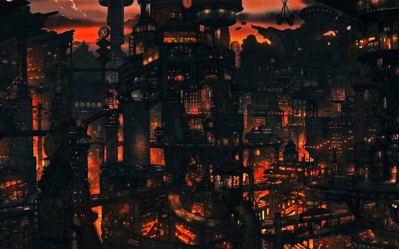 Futuristic Cityscape — Orange, Dramatic, Sunset, Digital Art, Buildings, Lights, Sky