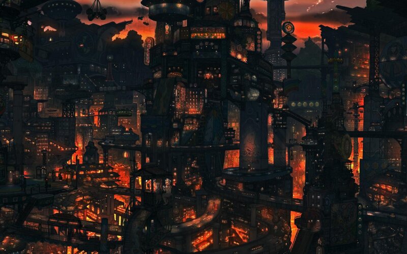 Futuristic Cityscape — Orange, Dramatic, Sunset, Digital Art, Buildings, Lights