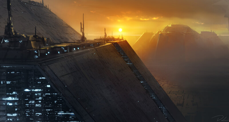 Futuristic Cityscape — Orange, Dramatic, Sunset, Digital Art, Buildings, Sky