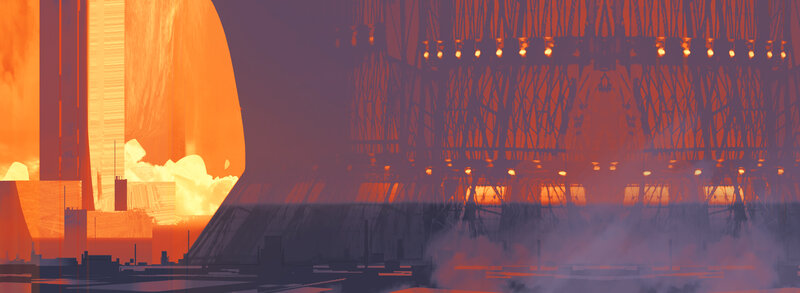 Futuristic Cityscape — Orange, Dramatic, Sunset, Digital Art, Buildings, Smoke