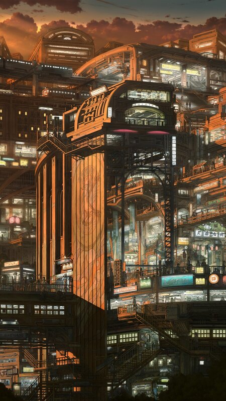 Futuristic Cityscape — Orange, Dramatic, Sunset, Digital Art, Buildings, Stairs