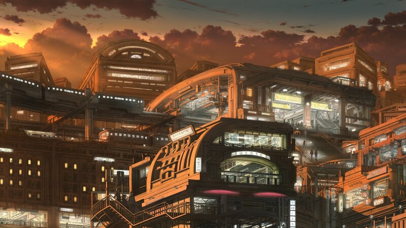 Futuristic Cityscape — Orange, Dramatic, Sunset, Digital Art, Buildings, Trains, Stairs