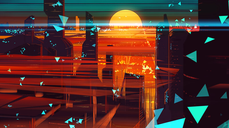Futuristic Cityscape — Orange, Dramatic, Sunset, Digital Art, Buildings, Triangles