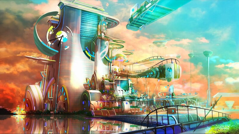 Futuristic Cityscape — Orange, Dramatic, Sunset, Digital Art, Clock Tower