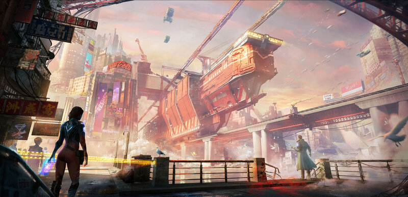 Futuristic Cityscape — Orange, Dramatic, Sunset, Digital Art, Crane