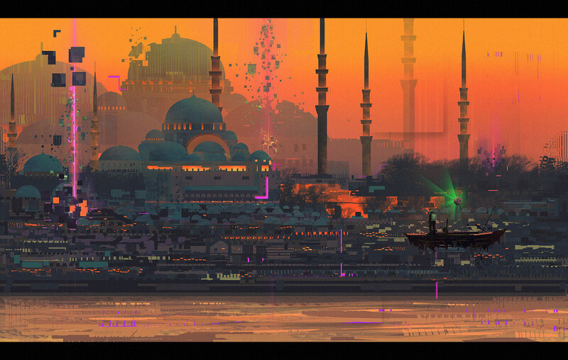 Futuristic Cityscape — Orange, Dramatic, Sunset, Digital Art, Dome
