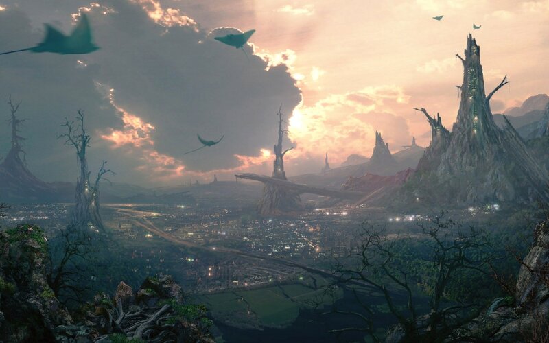 Futuristic Cityscape — Orange, Dramatic, Sunset, Digital Art, Flying Creatures, Ancient Trees