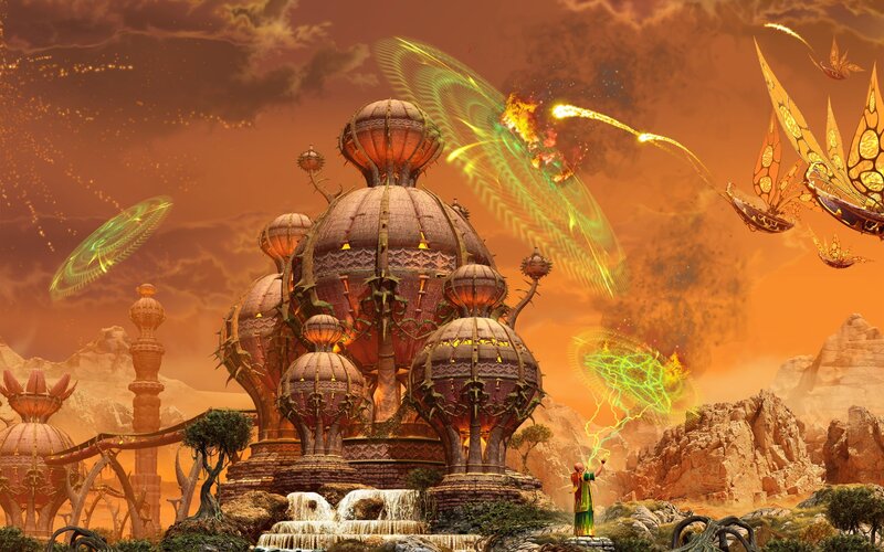 Futuristic Cityscape — Orange, Dramatic, Sunset, Digital Art, Flying Creatures, Magical Energy