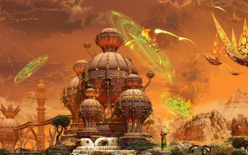 Futuristic Cityscape — Orange, Dramatic, Sunset, Digital Art, Flying Creatures