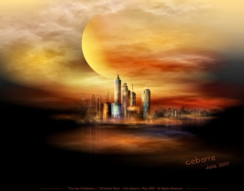 Futuristic Cityscape — Orange, Dramatic, Sunset, Digital Art, Moon