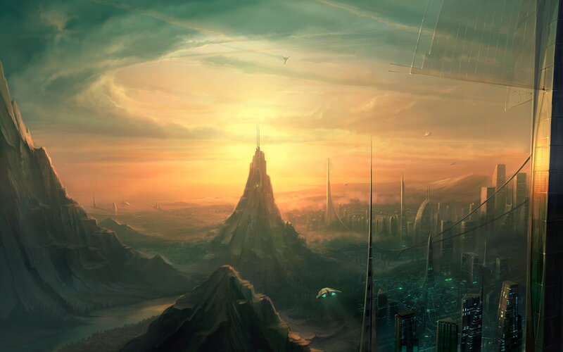 Futuristic Cityscape — Orange, Dramatic, Sunset, Digital Art, Mountains
