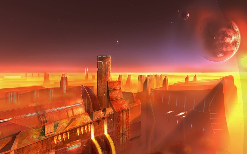 Futuristic Cityscape — Orange, Dramatic, Sunset, Digital Art, Planet, Moon, Spaceships, Red