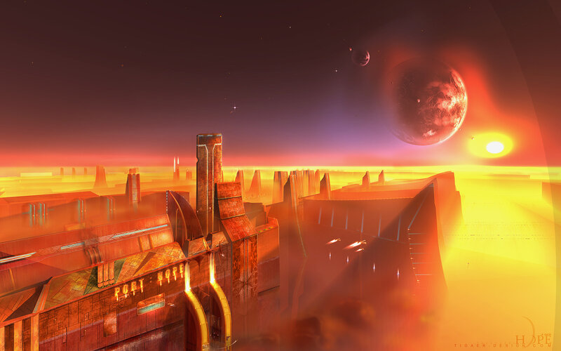 Futuristic Cityscape — Orange, Dramatic, Sunset, Digital Art, Planet, Moon