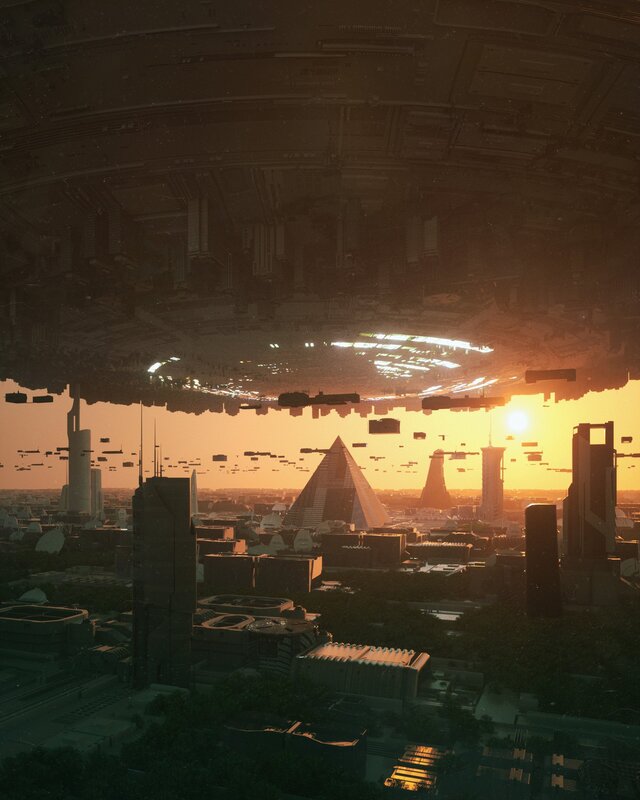 Futuristic Cityscape — Orange, Dramatic, Sunset, Digital Art, Pyramid Building