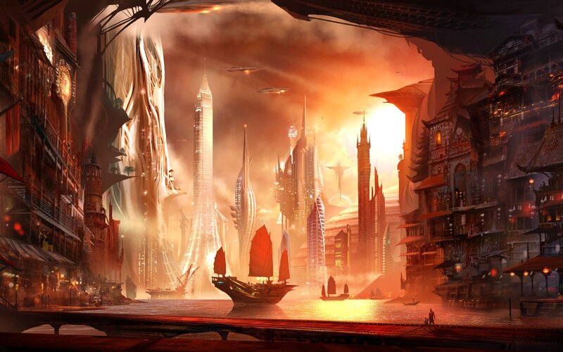 Futuristic Cityscape — Orange, Dramatic, Sunset, Digital Art, Ships, Skyscrapers, River