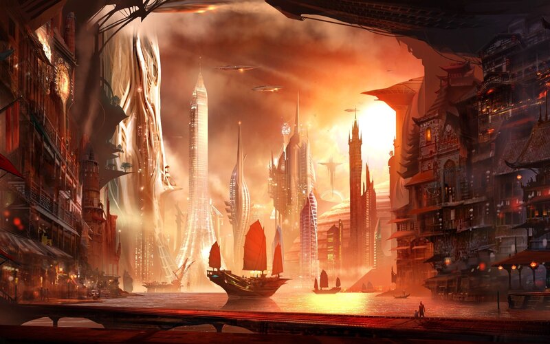 Futuristic Cityscape — Orange, Dramatic, Sunset, Digital Art, Ships, Skyscrapers, Sailboats