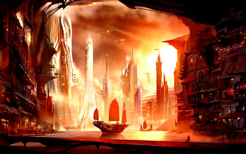 Futuristic Cityscape — Orange, Dramatic, Sunset, Digital Art, Ships, Skyscrapers