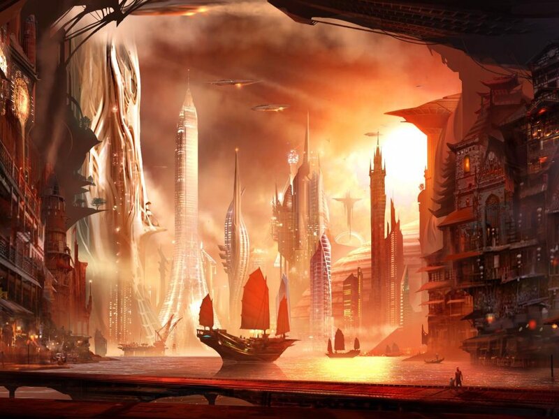Futuristic Cityscape — Orange, Dramatic, Sunset, Digital Art, Ships