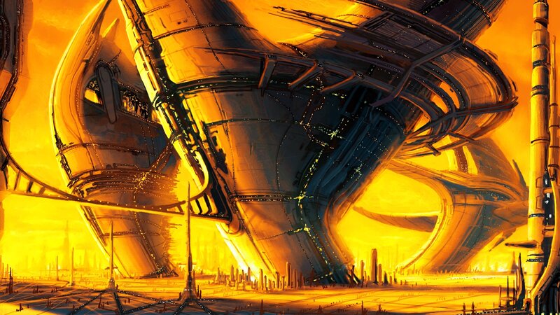 Futuristic Cityscape — Orange, Dramatic, Sunset, Digital Art, Skyscraper, Spacecraft