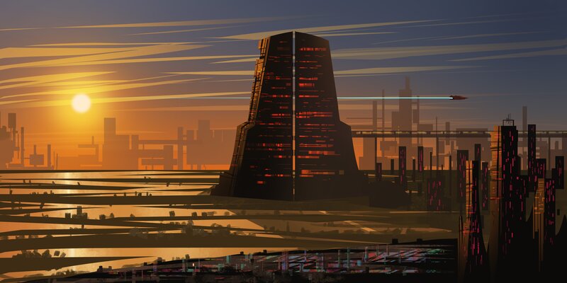 Futuristic Cityscape — Orange, Dramatic, Sunset, Digital Art, Skyscraper, Spaceship