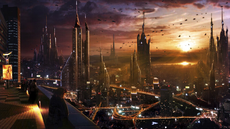 Futuristic Cityscape — Orange, Dramatic, Sunset, Digital Art, Skyscrapers, Aircraft, People