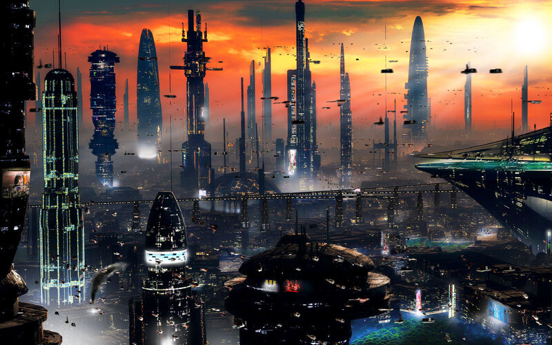 Futuristic Cityscape — Orange, Dramatic, Sunset, Digital Art, Skyscrapers, Aircraft
