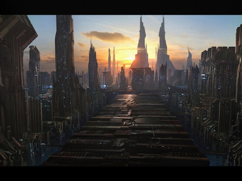 Futuristic Cityscape — Orange, Dramatic, Sunset, Digital Art, Skyscrapers, Birds