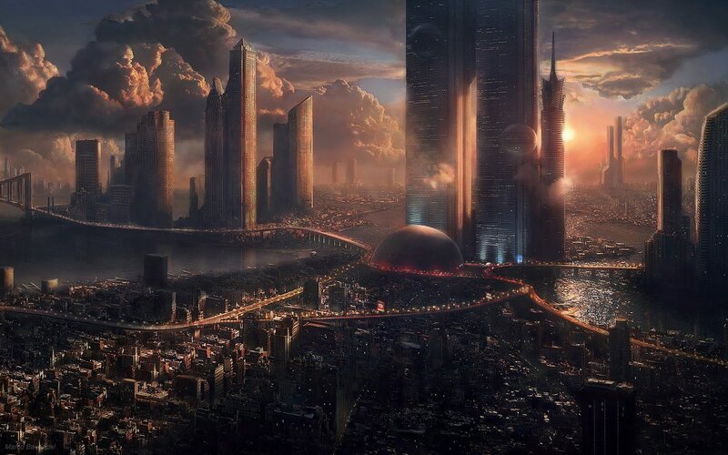 Futuristic Cityscape — Orange, Dramatic, Sunset, Digital Art, Skyscrapers, Bridge, Dome