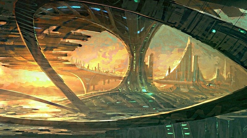 Futuristic Cityscape — Orange, Dramatic, Sunset, Digital Art, Skyscrapers, Bridge